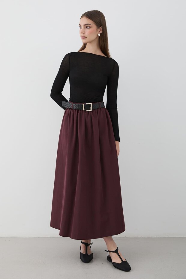 Women's Belted Ruched Detail Maxi Skirt Mürdüm