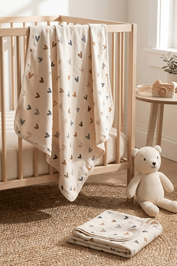 Heart Printed Double Layer Combed Cotton Newborn and Multi-Purpose 100% Cotton Baby Blanket