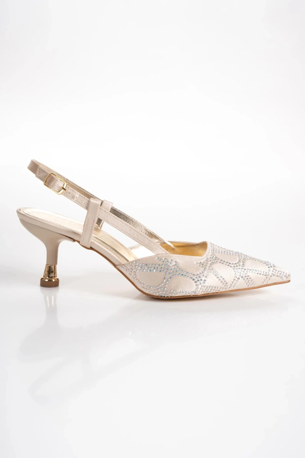 Women's Gold Satin Patterned Comfortable Stiletto with 5 cm Thin Galvanized Heels Encrusted with Stones