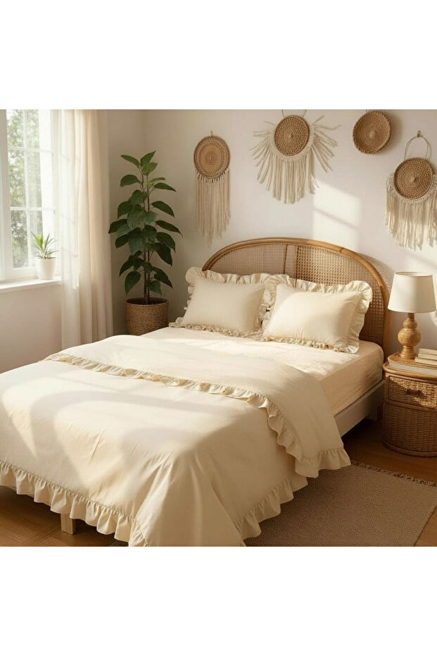 Double Ruffled 100% Natural Cotton 4 Piece Duvet Cover Set Classic Creme