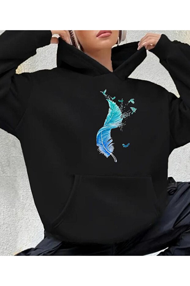 Trend Oversize Hooded Sweatshirt with Feather and Seagull Print Fashion Design