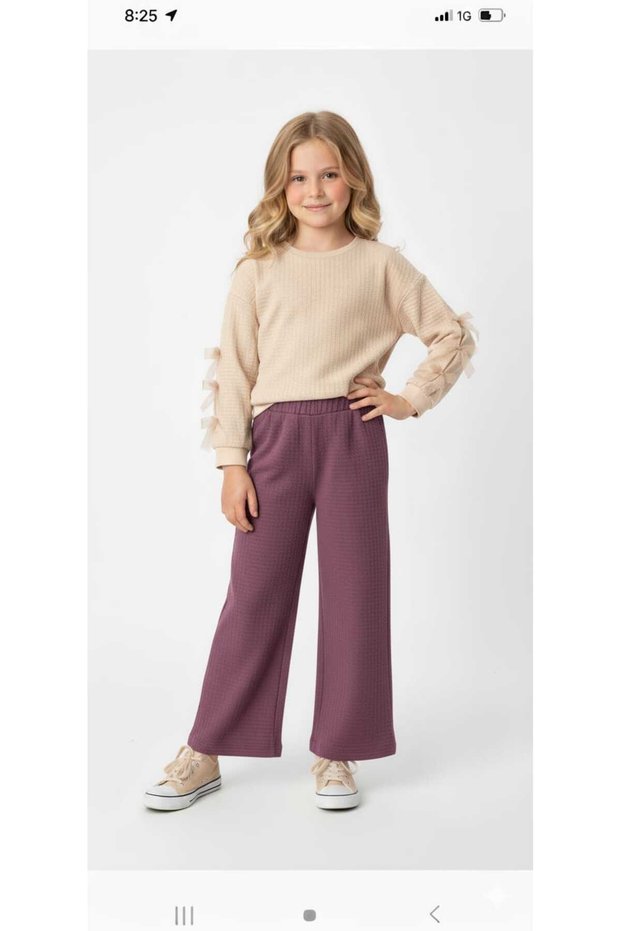 Girls' Waffle Sleeve Bow Decoration Sweater Blouse Elastic Waist Waffle Woven Pants Set