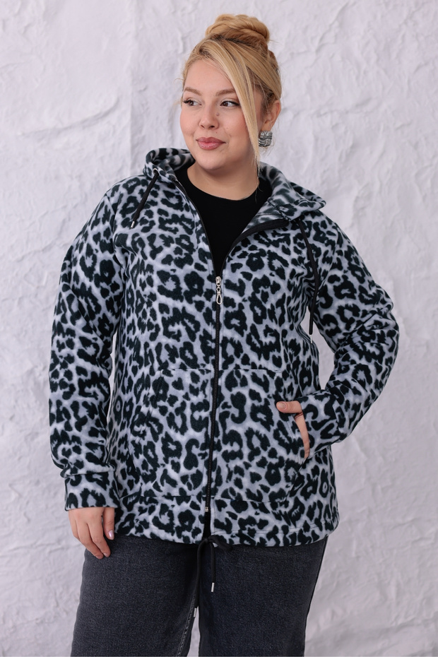 Women's Plus Size Warm Leopard Fleece Hooded Zippered Sweatshirt