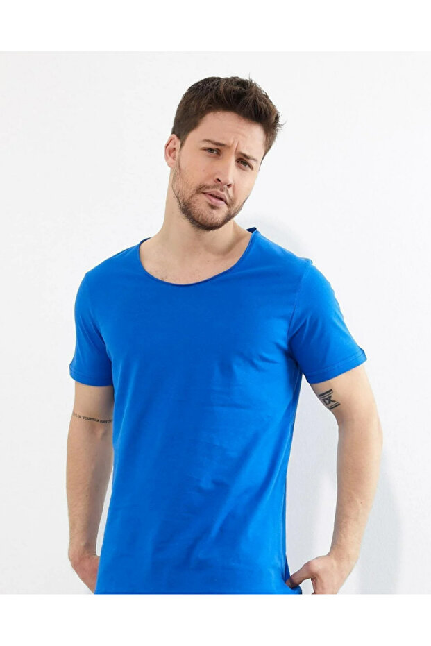 Erkek Mavi Bisiklet Yaka Basic T-shirt - 6