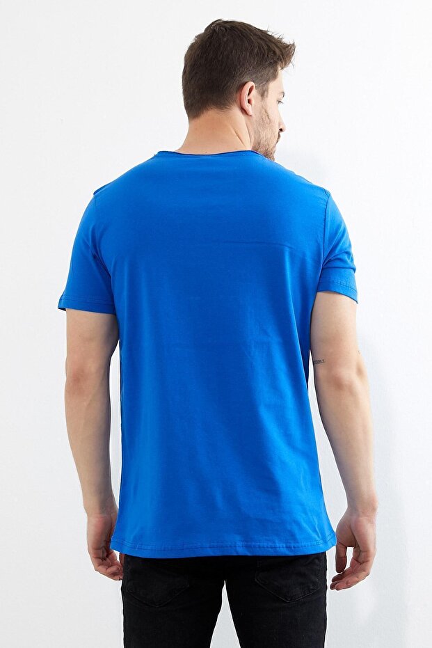 Erkek Mavi Bisiklet Yaka Basic T-shirt - 4