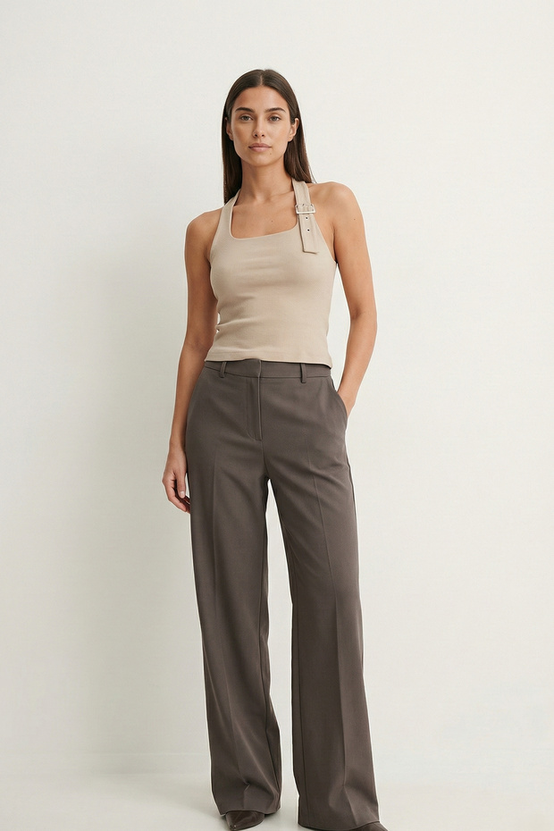 Mena Women's Slim Fit Halter Neck Belt Detail Front Double Layer Knitted Blouse & T-Shirt & Tee - Mink