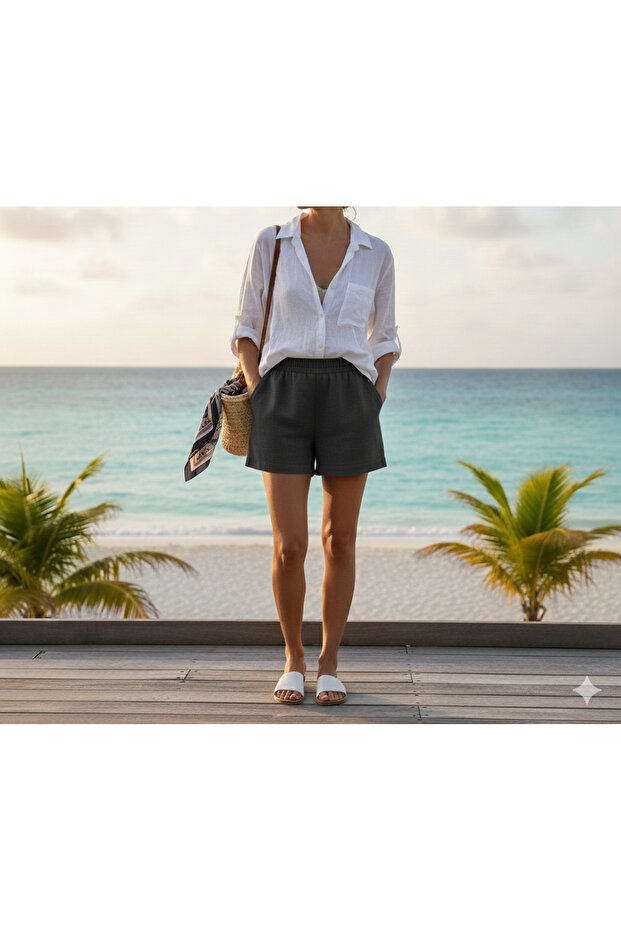 Women's Smoked High Waist Pocket Combed Shorts
