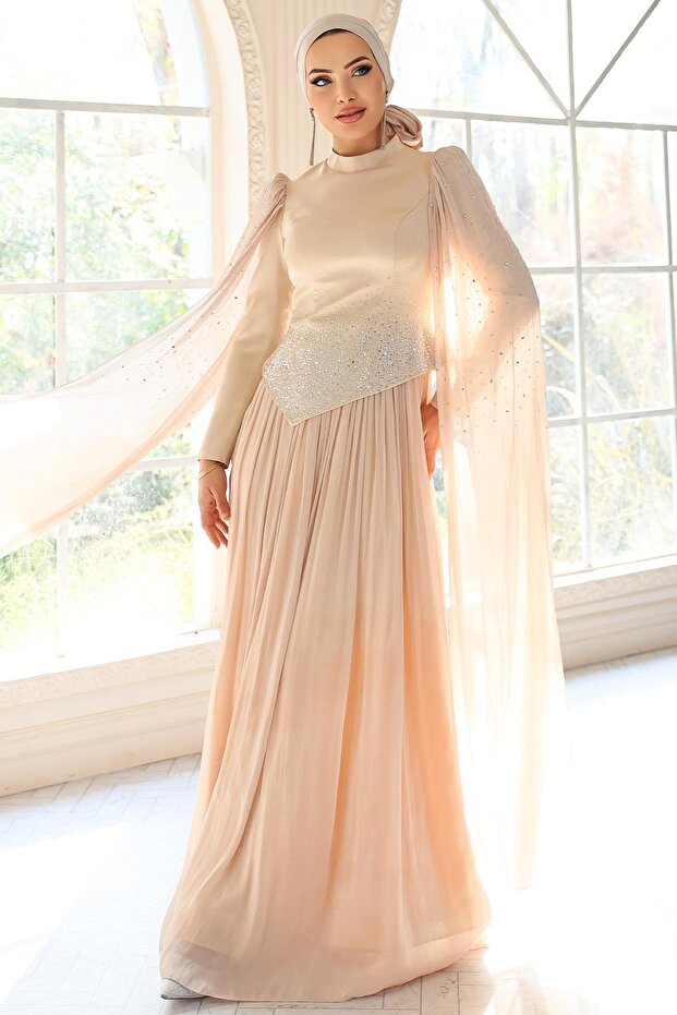 Stone Beaded Pleated and Cape Detailed Satin-Yoryo Silk Hijab Evening Dress Beige 1054