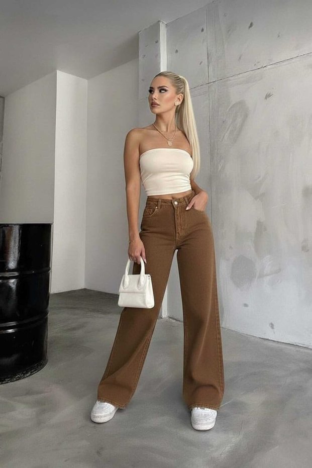 Brown Lycra Super High Waist Loose Jeans Palazzo Trousers. (super High) Wide Leg