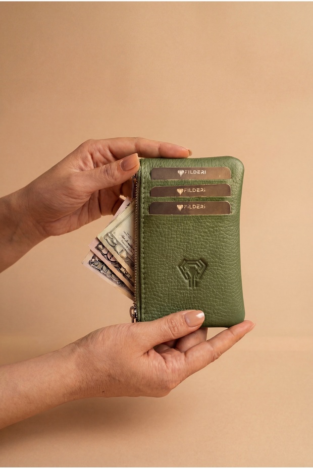 Genuine Leather - Zippered Mini Coin Compartment - Green Color Card Holder 2126