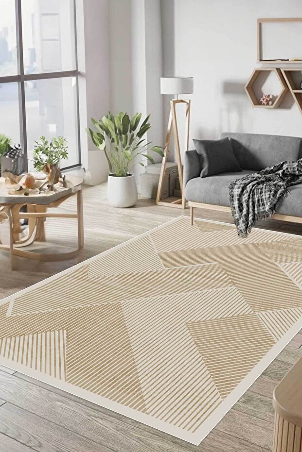Digital Non-Slip Washable Modern Striped Mink Beige Living Room Carpet Kitchen Rug Runner