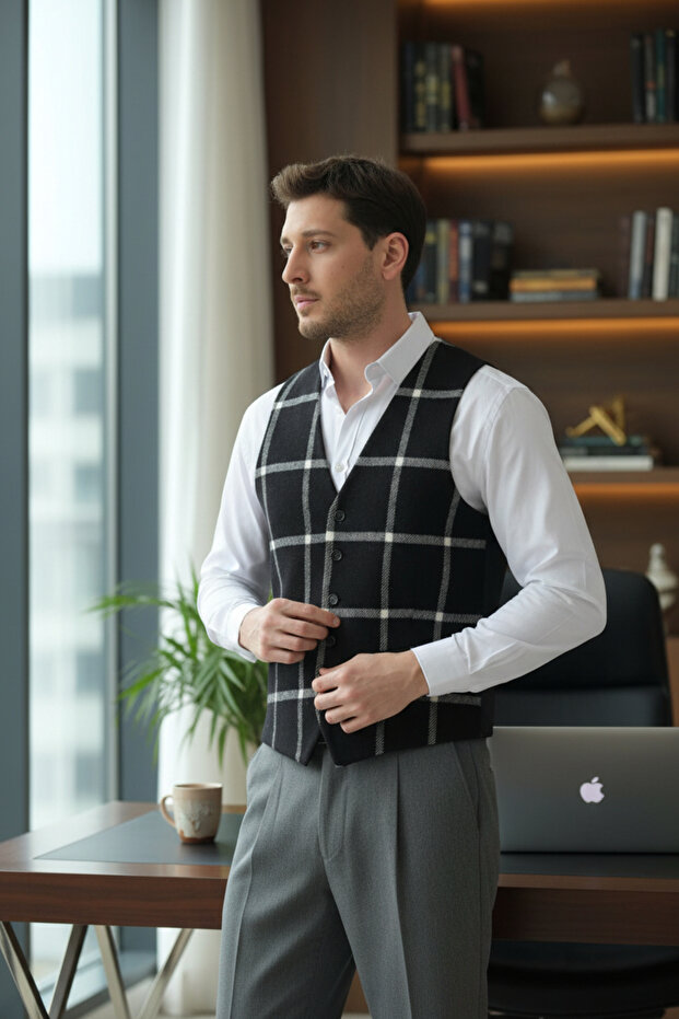 Plaid Patterned V-Neck Vest Slim Fit