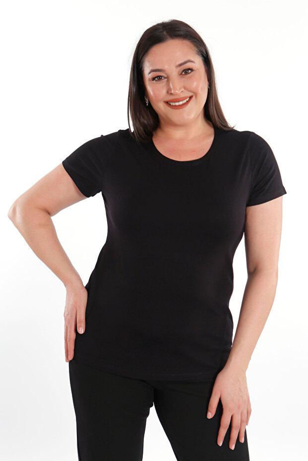 Trend42plus بلوزة سوداء أساسية ذات رقبة دائرية كبيرة الحجم - 5