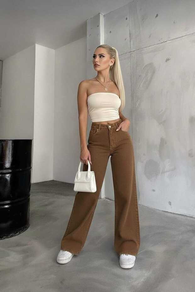 Davis Brown Stretch Fabric Super High-Waist Relaxed Jeans Palazzo Pants. (SUPER HIGH) Wide Leg