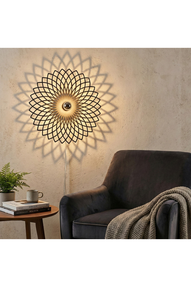Daisy Motif Decorative Metal Sconce with Tufts in Black, Modern Ambiance Wall Lamp Papatya-Mr-987