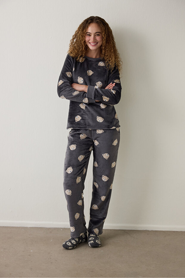 Dark Gray Bear Patterned Long Sleeve Pajama Set - 2
