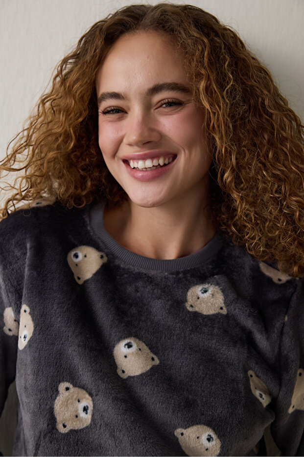 Dark Gray Bear Patterned Long Sleeve Pajama Set - 3