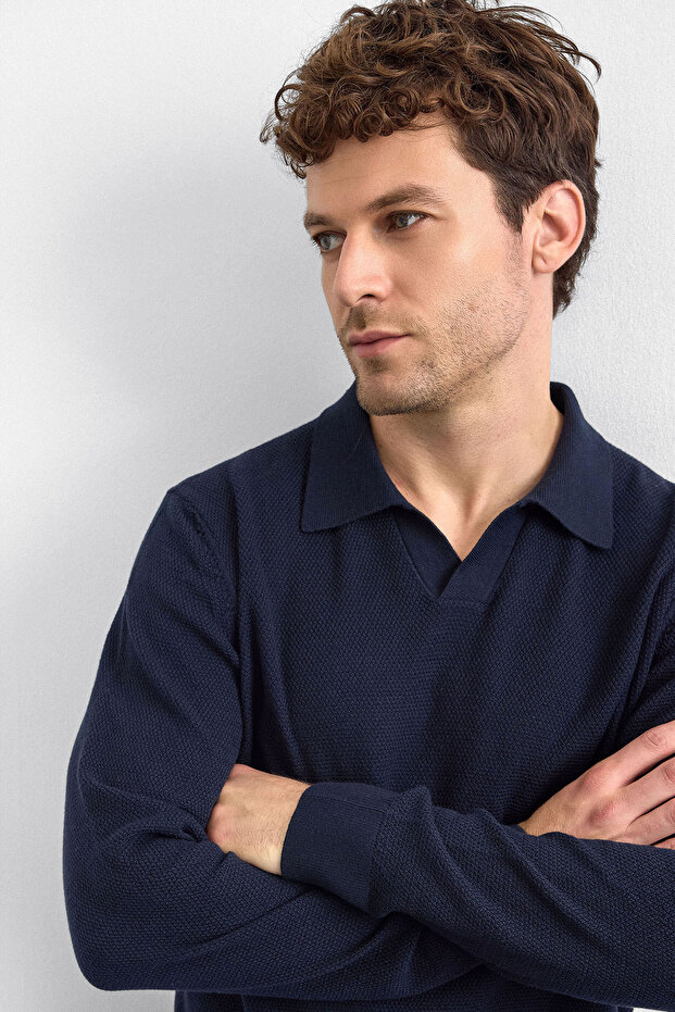 Navy Blue Regular Fit Polo Neck Knit Sweater