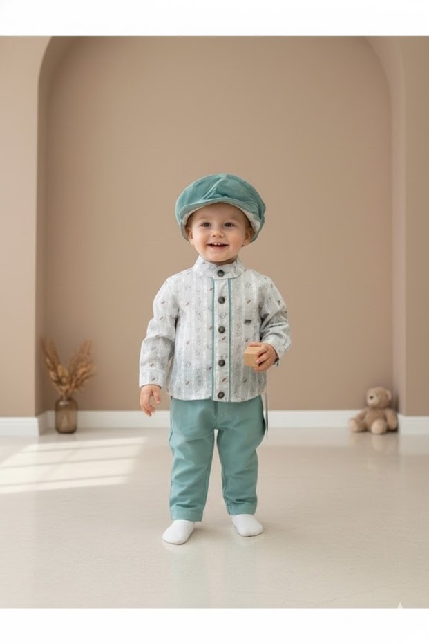 Specially designed boys' set with cap, pants, and shirt for birthdays and special occasions