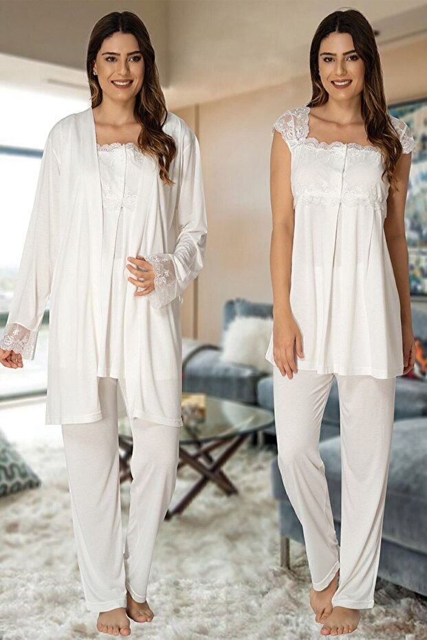 Zerre Baby Ecru Maternity Pajama Set with Dressing Gown 2301