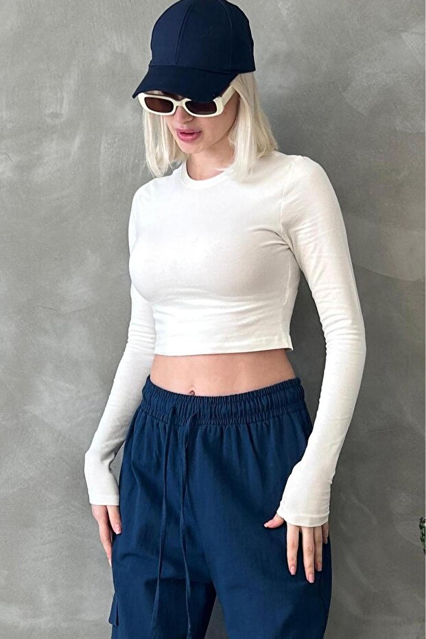 Ecru Crew Neck Long Sleeve Women's Top Body Sh216