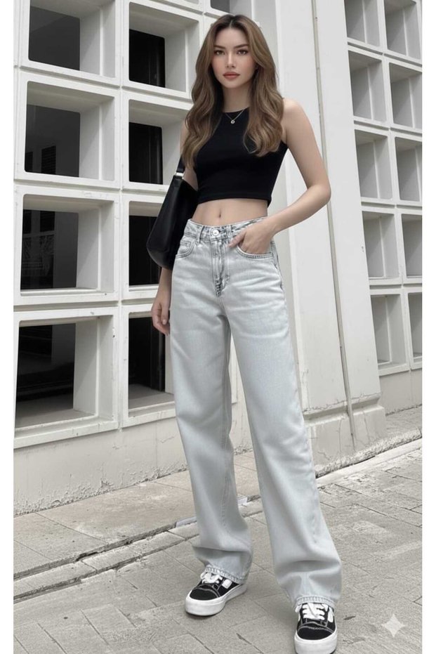Baggy Jeans with Buckle Detail, Ice Snow Super High Waist, Lycra-Free