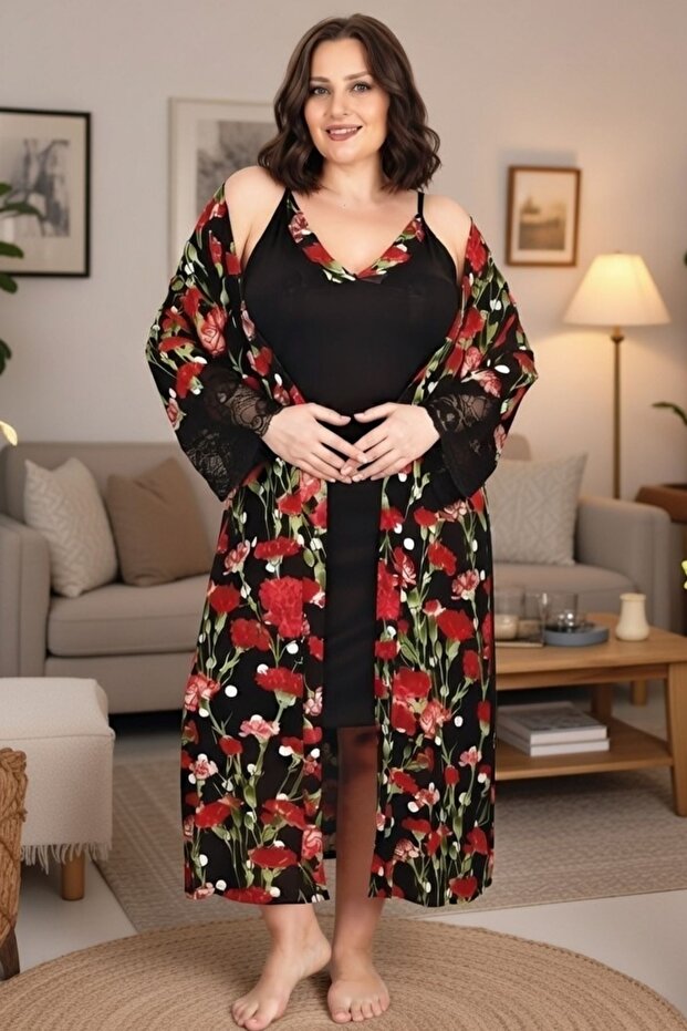 Plus Size Robe Nightgown Set Cotton Strappy Knitted Fabric Stylish Nightgown Set