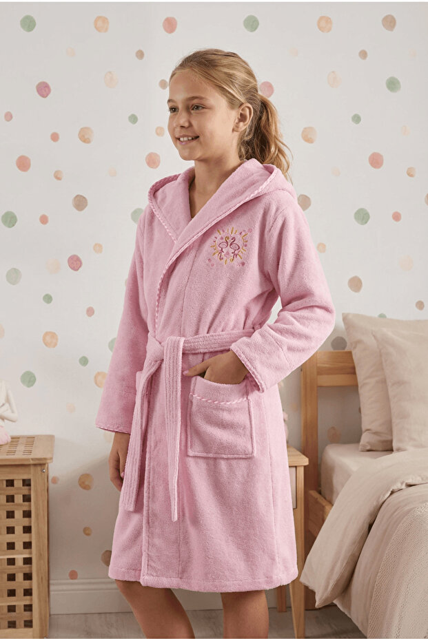 Bamboo Embroidered Waiter Size Bathrobe - Flamingo