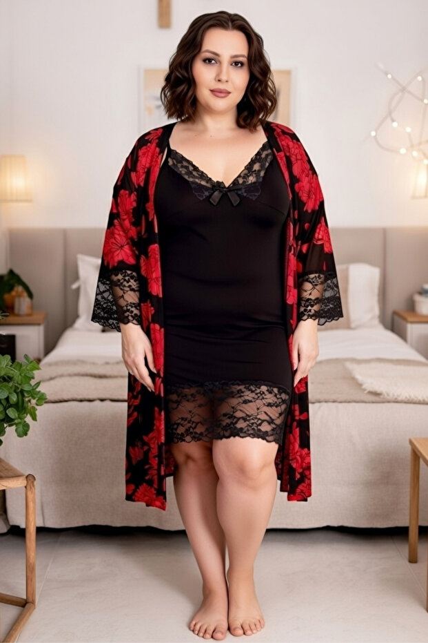 Plus Size Robe Nightgown Set Cotton Strappy Knitted Fabric Stylish Nightgown Set