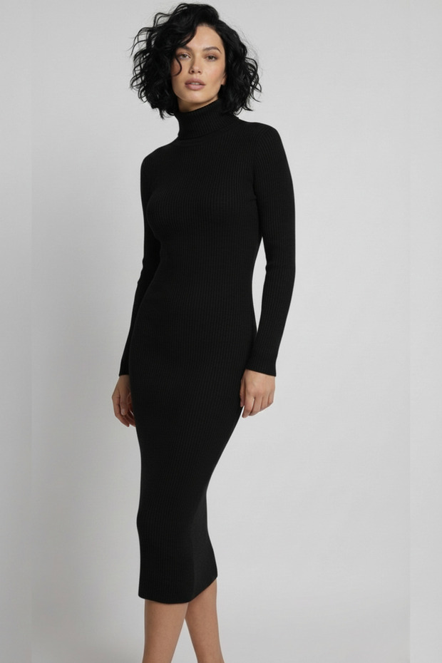 Long Sleeve Turtleneck Corded Fabric Fitted Knitwear Dress