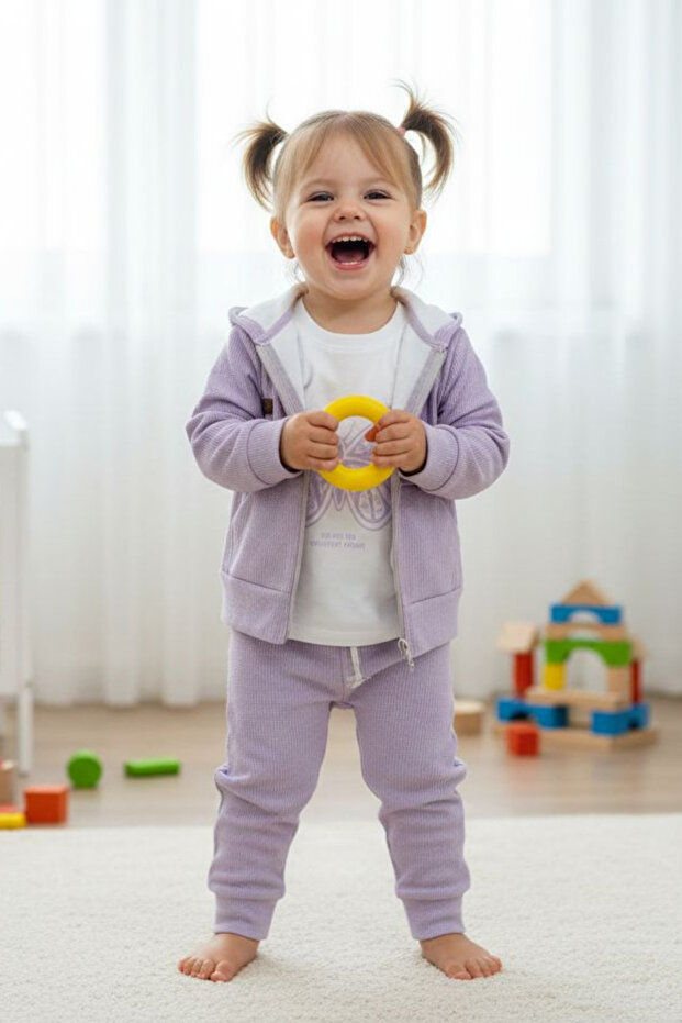 Waffle Fabric Cotton Jacket Three-Piece Girls' Set