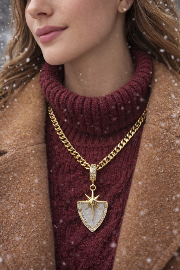 Gold Color Chain Necklace with Zircon Stone Detailed Shield and Star Figures