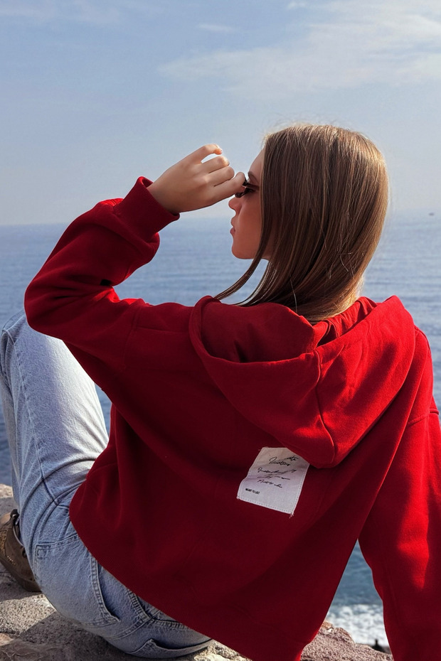 Women's Oversized Cotton Cut-Out Front Metal Zipper Hooded Sweatshirt Red