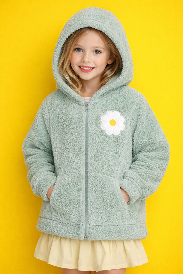 Warm Green Plush Jacket for Kids, Flower Motif