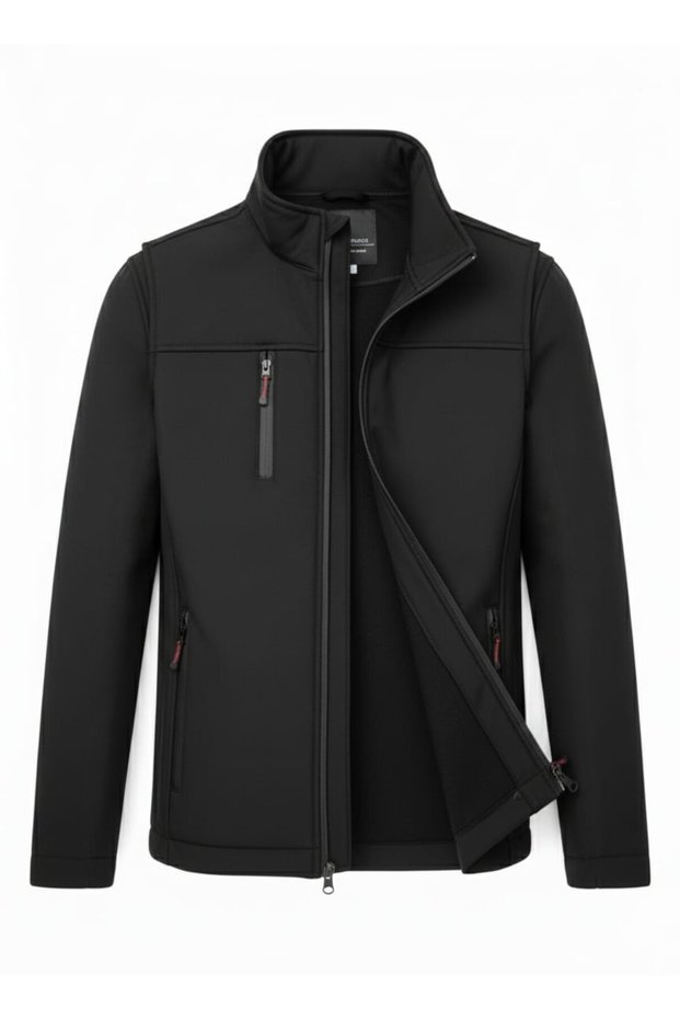 Men's black softshell jacket, water- and windproof, mock neck, fleece-lined, 3-pocket, outdoor & sports