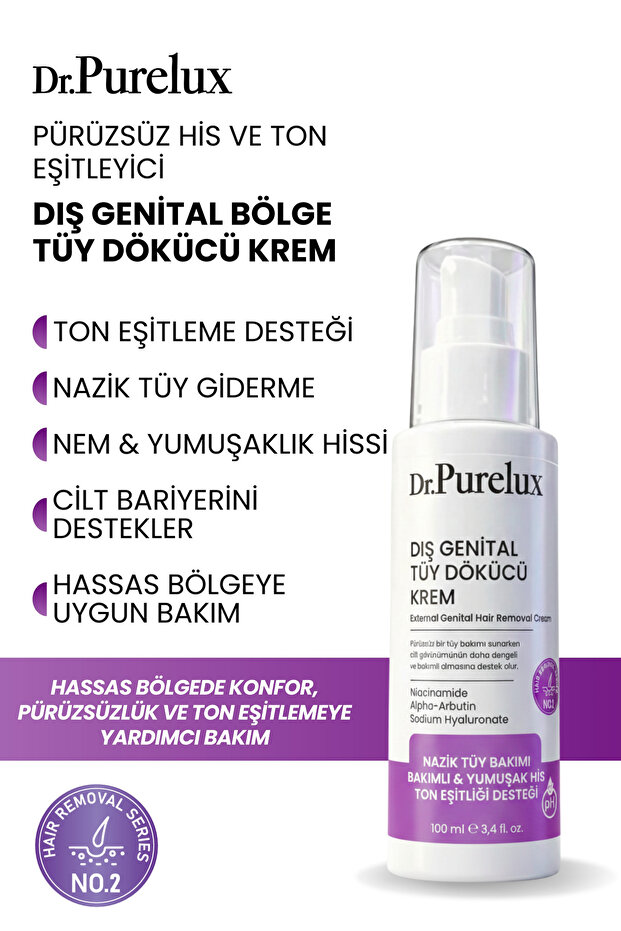 Dr.Purelux Dış Genital Bölge İçin Hassas Tüy Dökücü Krem – Pürüzsüz His ve Ton Eşitleyici 100 ml