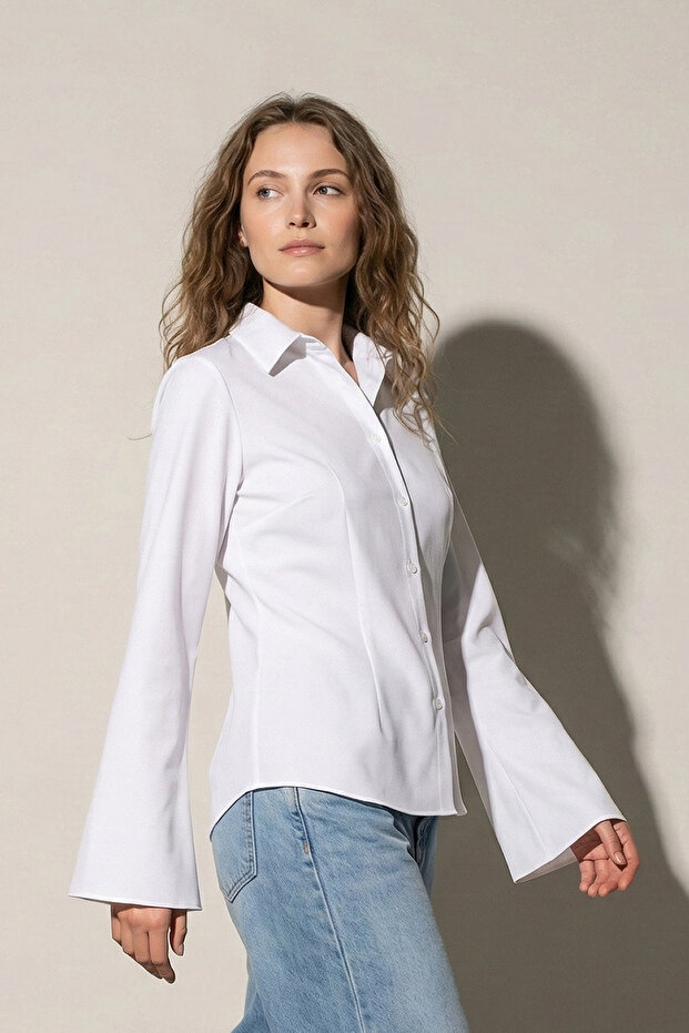 Jalisco Women's Basic Shirt with Bell Sleeves (Spanish) - White