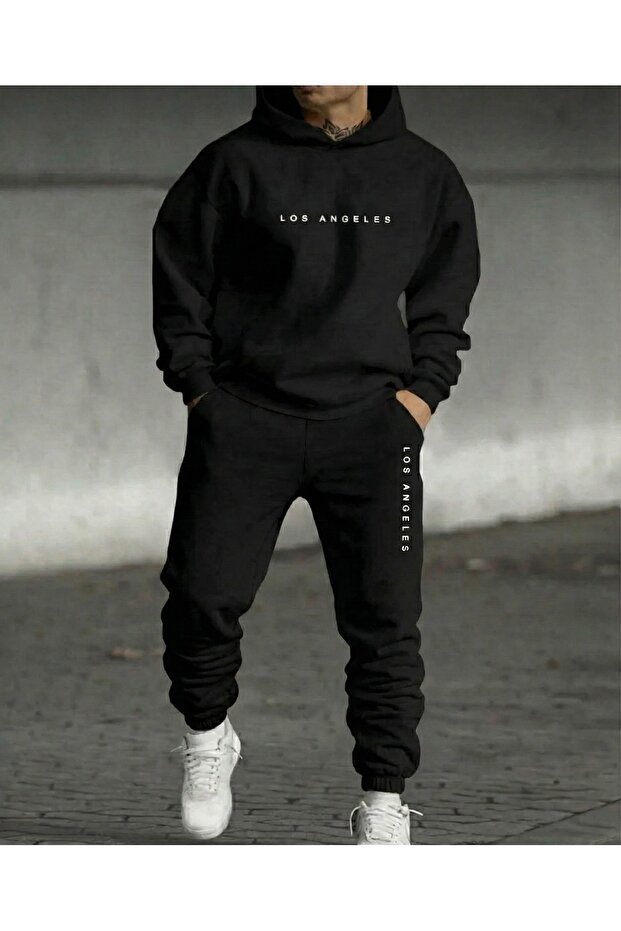 Los Angeles Sweatshirt Sweatpants Jogger - Black Printed Bottom Top Tracksuit Set Hooded