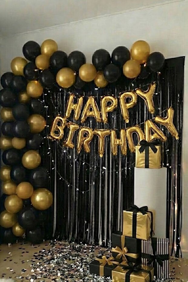 Happy Birthday Foil Set Black Gold Balloon Party Birthday Decoration Set