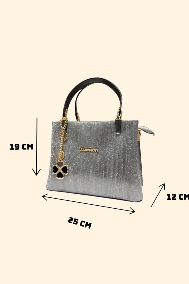 Women's Evening Dress Bag, 5-Compartment Glitter Hand and Shoulder Bag with Glitter Clover Detail