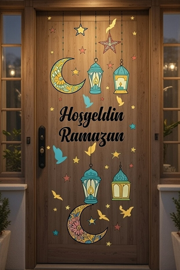 مجموعة ملصقات ترحيب رمضان، مصابيح رمضان مع شخصيات الهلال والنجمة