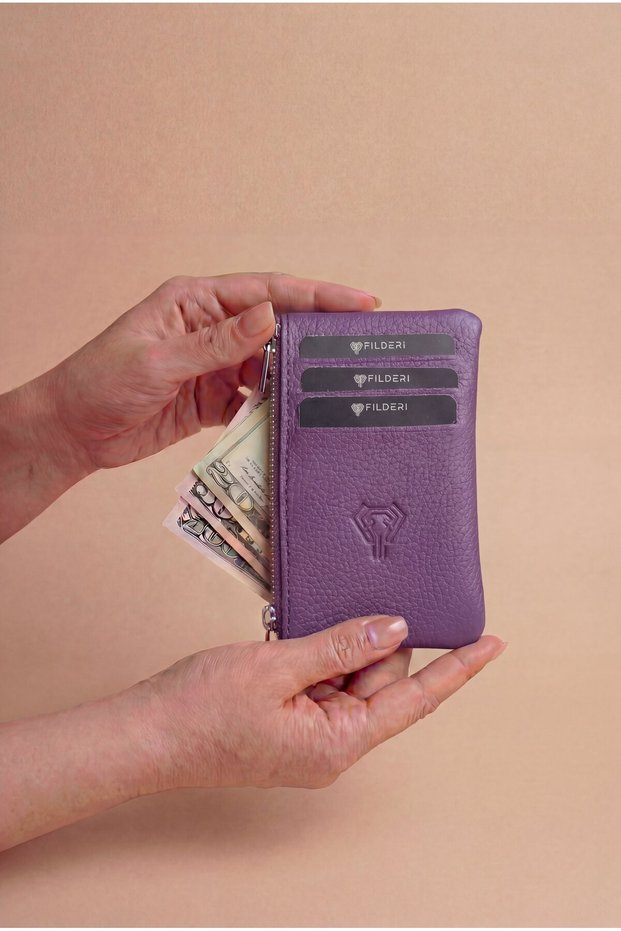Genuine Leather - Zippered Mini Coin Compartment - Purple Color Women's Card Holder 2126