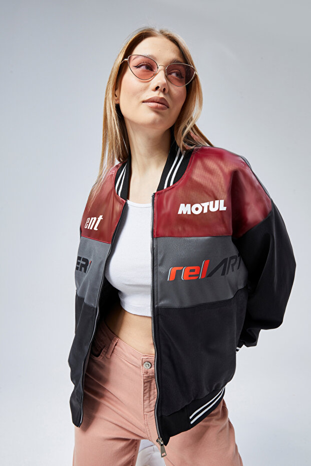 Women's Oversize Printed Biker Racer Coat College Jacket