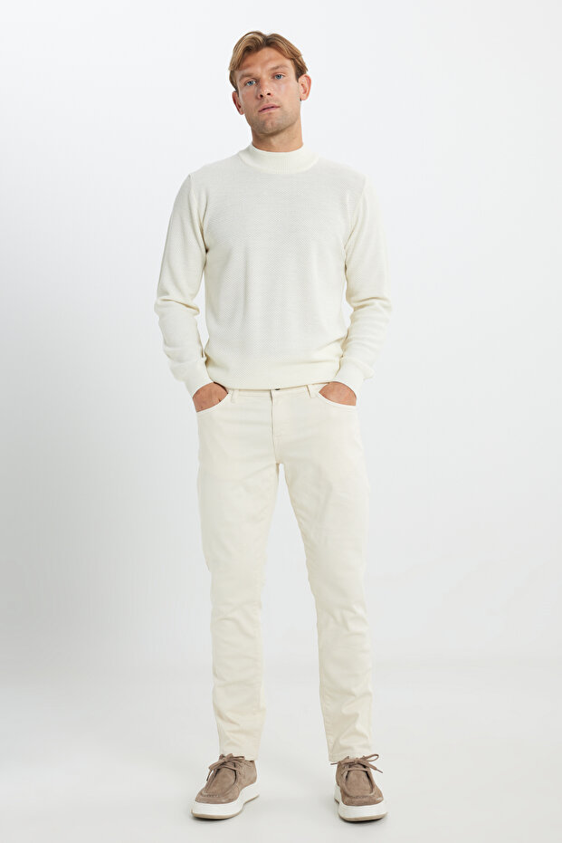 Erkek Ekru Diz İzi Yapmayan 360 Derece Her Yöne Esneyen Rahat Slim Fit Pantolon - 2