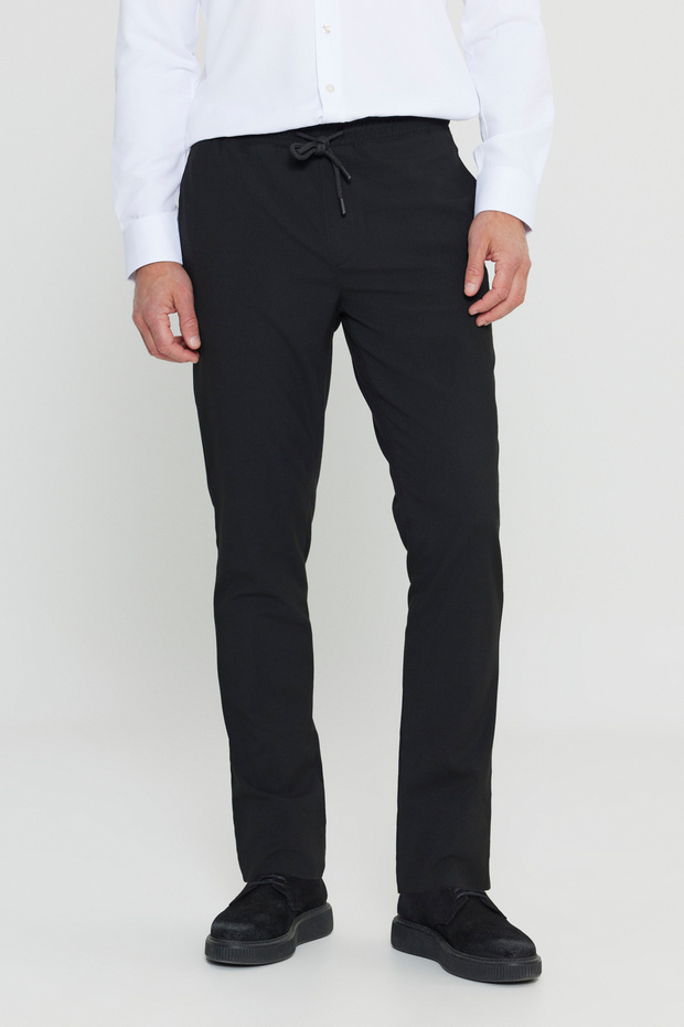 Erkek Siyah Diz İzi Yapmayan Beli Bağlamalı Yan Cepli Jogger Pantolon Slim Fit Rahat Kesim - 4