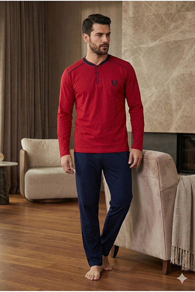 Premium Single Jersey Combed Cotton Henley Collar Burgundy Navy Blue Men's Pajama Set