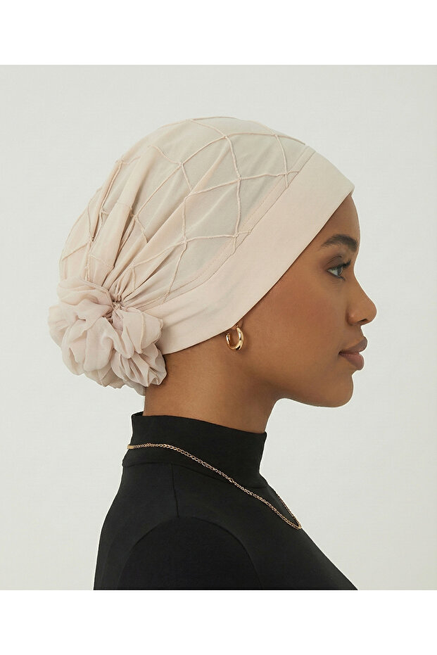 Luxury Ribbed Back Chiffon Accessory Beige Ready-To-Wear Turban Hijab Bonnet Suitable for Medical Use