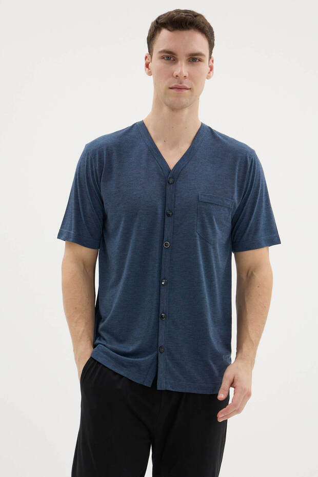 طقم بيجامة رجالي بياقة على شكل V وأزرار طويلة - ملابس خارجية - 3