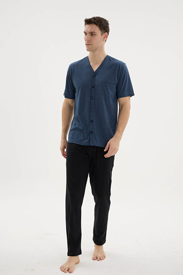طقم بيجامة رجالي بياقة على شكل V وأزرار طويلة - ملابس خارجية - 6