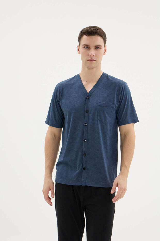 طقم بيجامة رجالي بياقة على شكل V وأزرار طويلة - ملابس خارجية - 2